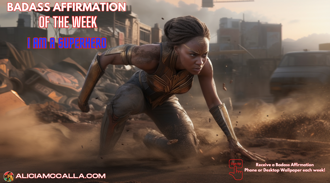 A Beautiful Brown-skinned woman superhero landing with fist slammed down, cracks in the ground below, I am a superhero affirmation