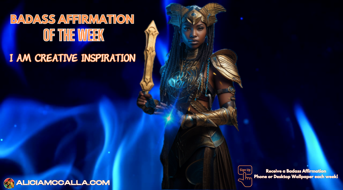 Here is 30 charBlack goddess warrior wields sword with blue ring, flames behind.