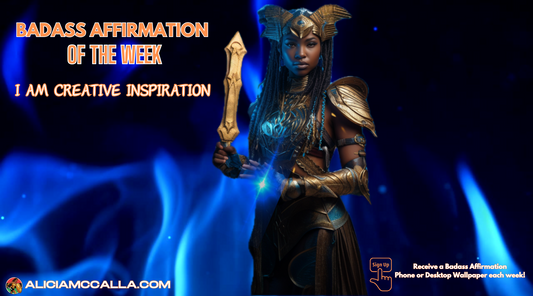 Here is 30 charBlack goddess warrior wields sword with blue ring, flames behind.