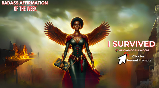 Black woman with wings emerging from a fiery battleground. I survived.