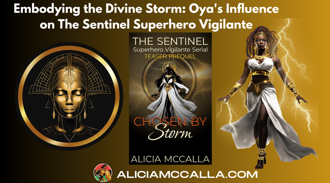 Logo featuring Oya, Book Cover Prequel Teaser Chosen By Storm and an AI Generated Image of Oya West African Goddess