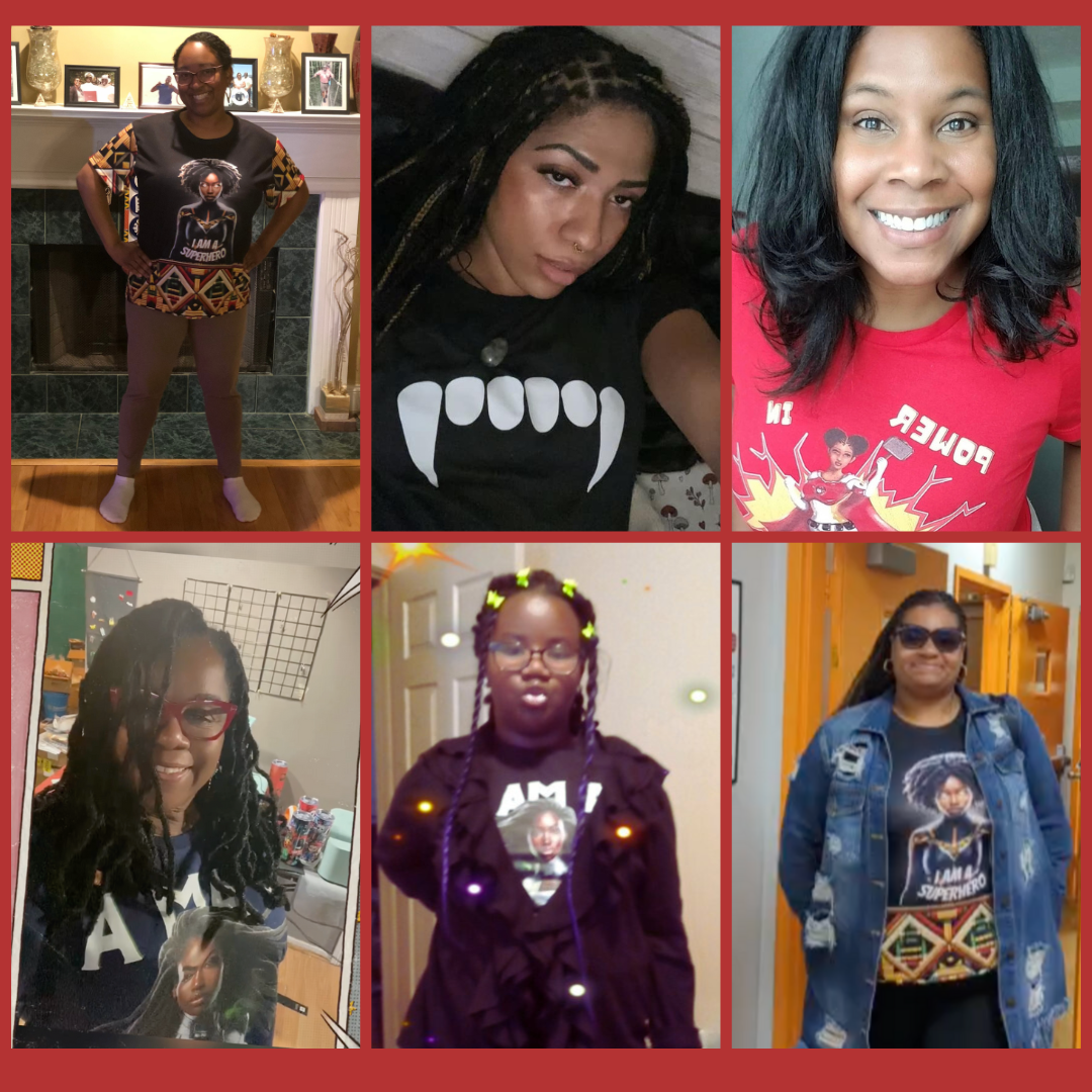 5 Black Women and 1 Black Teen Girl Wearing Black Female Superhero Characters at Alicia McCalla's Storefront