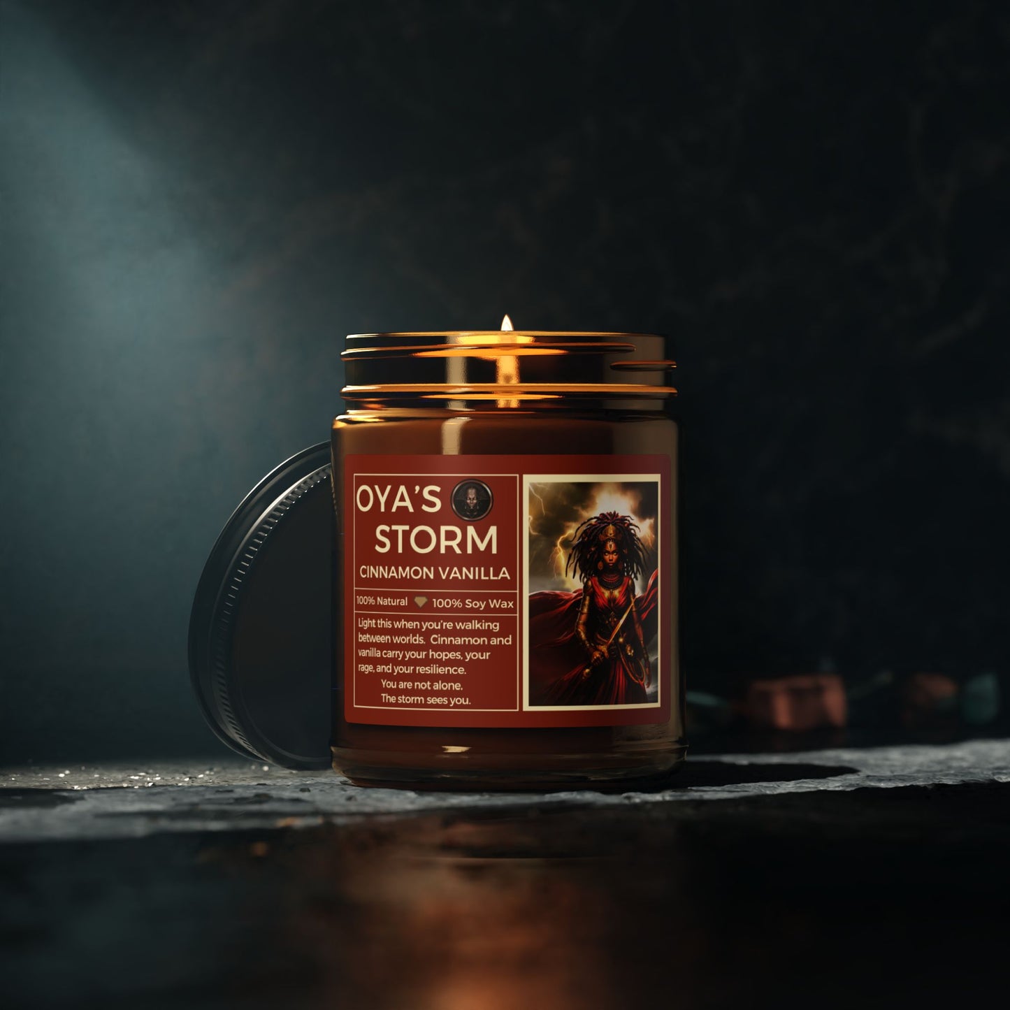 Oya's Storm Candle | Cinnamon Vanilla Scented Soy Wax | Sentinel Superhero Vigilante Storyworld