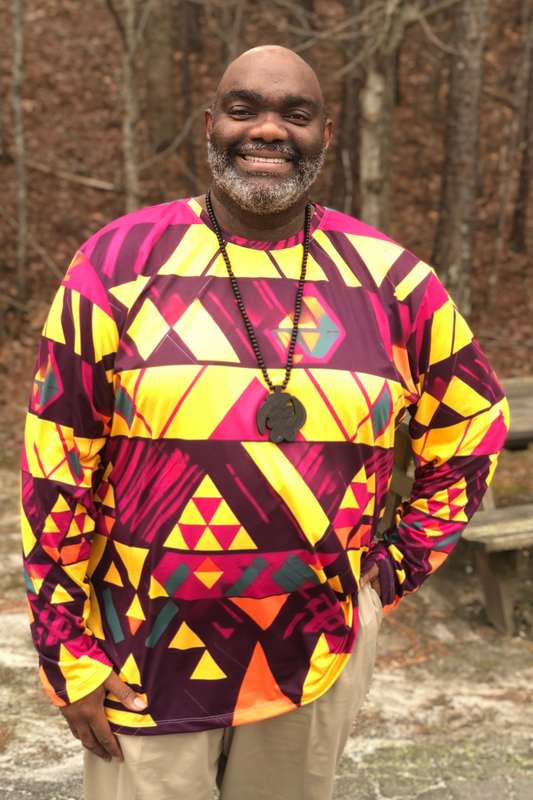 Black Male wearing Gold and Burgundy Kente Print