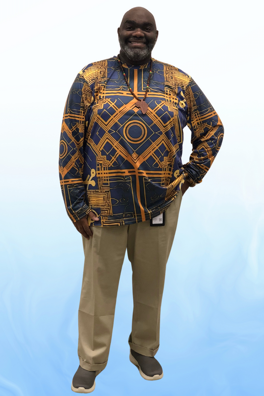 Black Male Wearing Kente Print Long Sleeve Tee for Black History Month