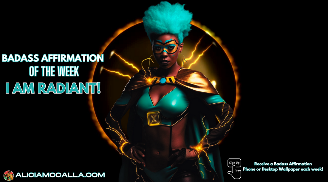 Radiant brown superheroine with blue curled hair in a turquoise and gold costume empowering vision of strength.