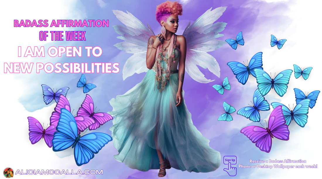 Beautiful fairy woman with pink afro hair delighted by fluttering butterflies, representing openness to new possibilities