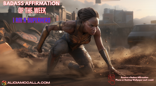 A Beautiful Brown-skinned woman superhero landing with fist slammed down, cracks in the ground below, I am a superhero affirmation