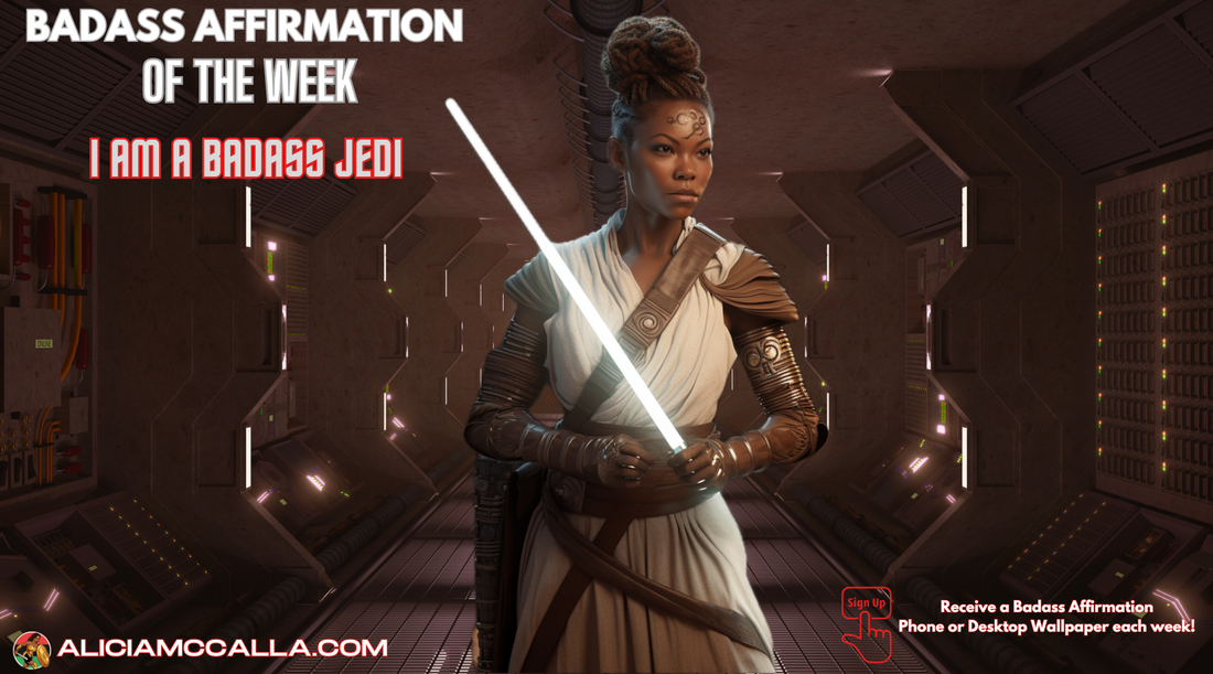 A beautiful brown-skinned woman as a Jedi with braids, full body portrait, action pose, one white light saber, Star Wars, fantasy art, hyper-realistic, afrofuturism looking forward and ready for action. 