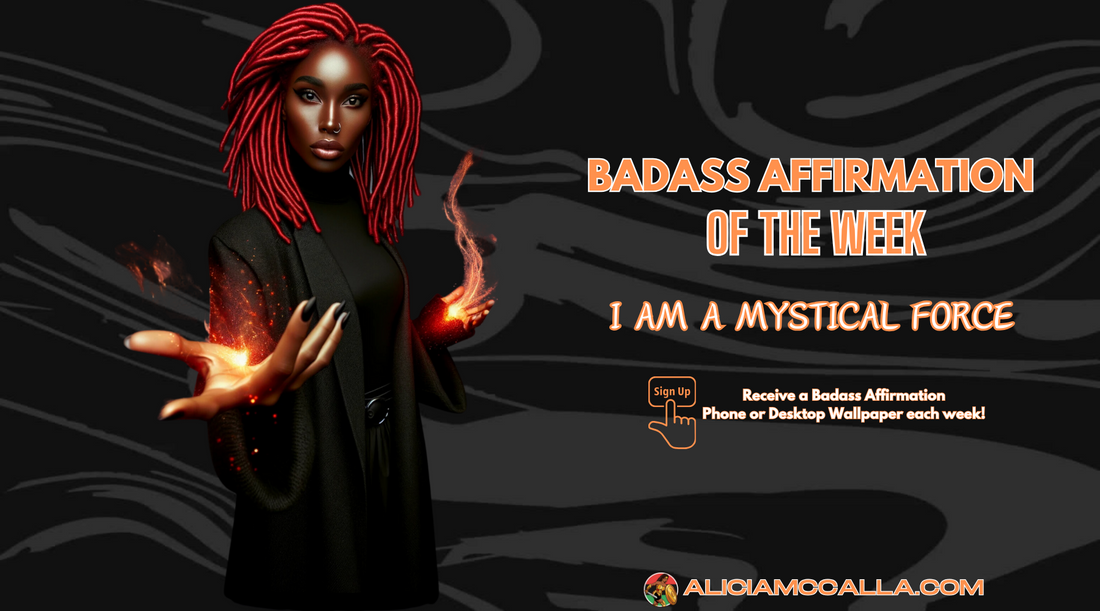 A Badass Black Woman looks forward in the stance of a great magician or witch with fire dancing from both hands. glowing, full body portrait. “I am a mystical force.”