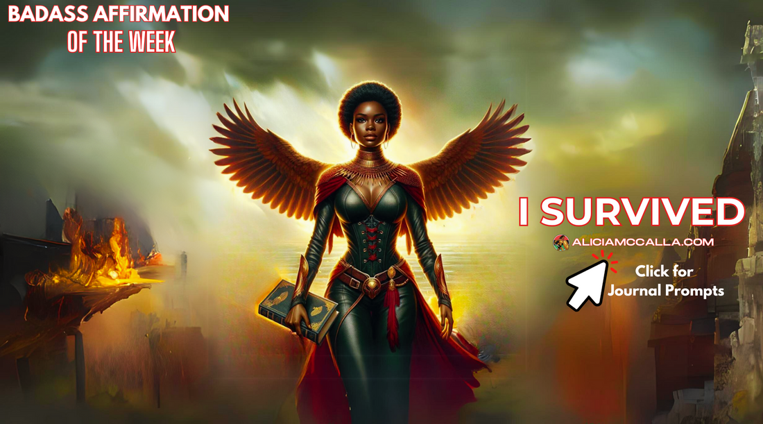 Black woman with wings emerging from a fiery battleground. I survived. 