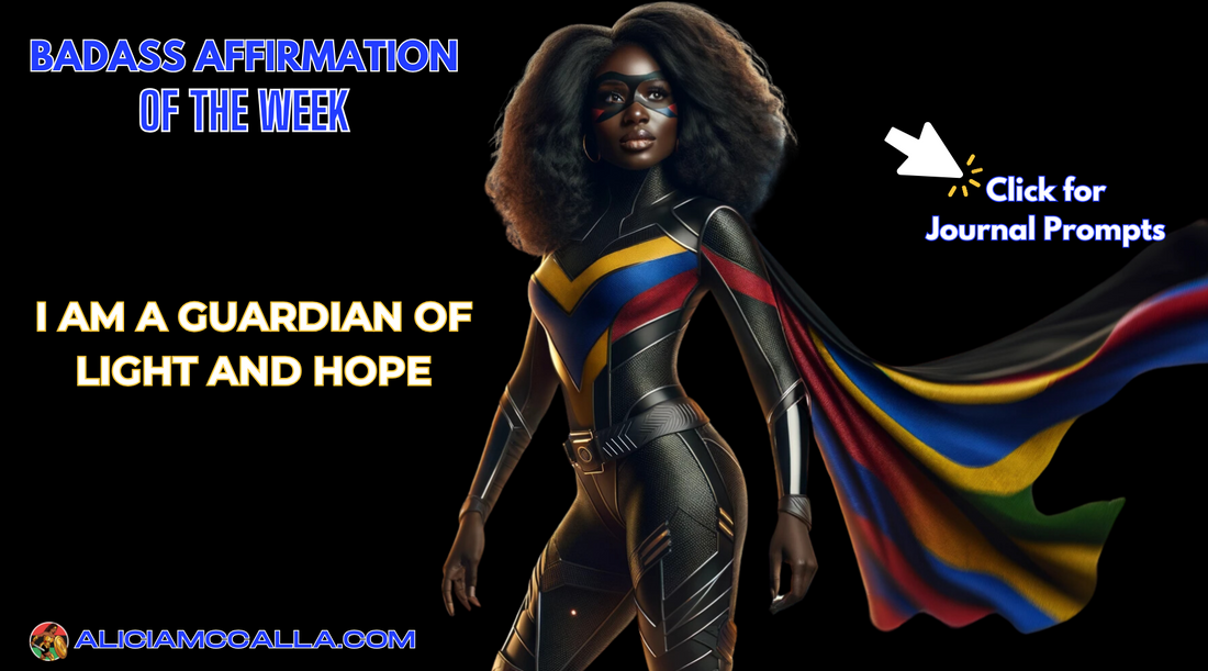 Afro-Colombian woman dressed as a superhero, her flowing cape bearing the colors of Palenque - black, red, royal blue and gold.