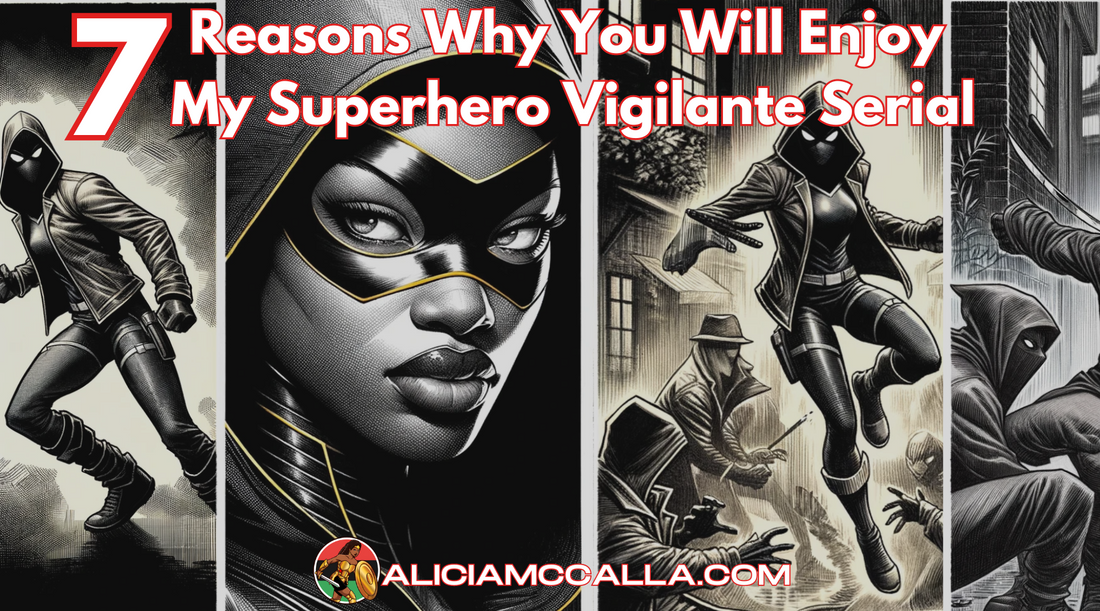  Two comic panels of Black superheroine vigilante heroically posed and in combat in alley. 7 Reasons Why A Reader Will Enjoy Alicia McCalla's Superhero Vigilante Serial.