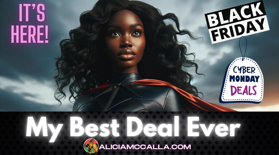 Black Friday and Cyber Monday Deal Coming for Alicia McCalla Black Woman Superhero Looking into the horizon