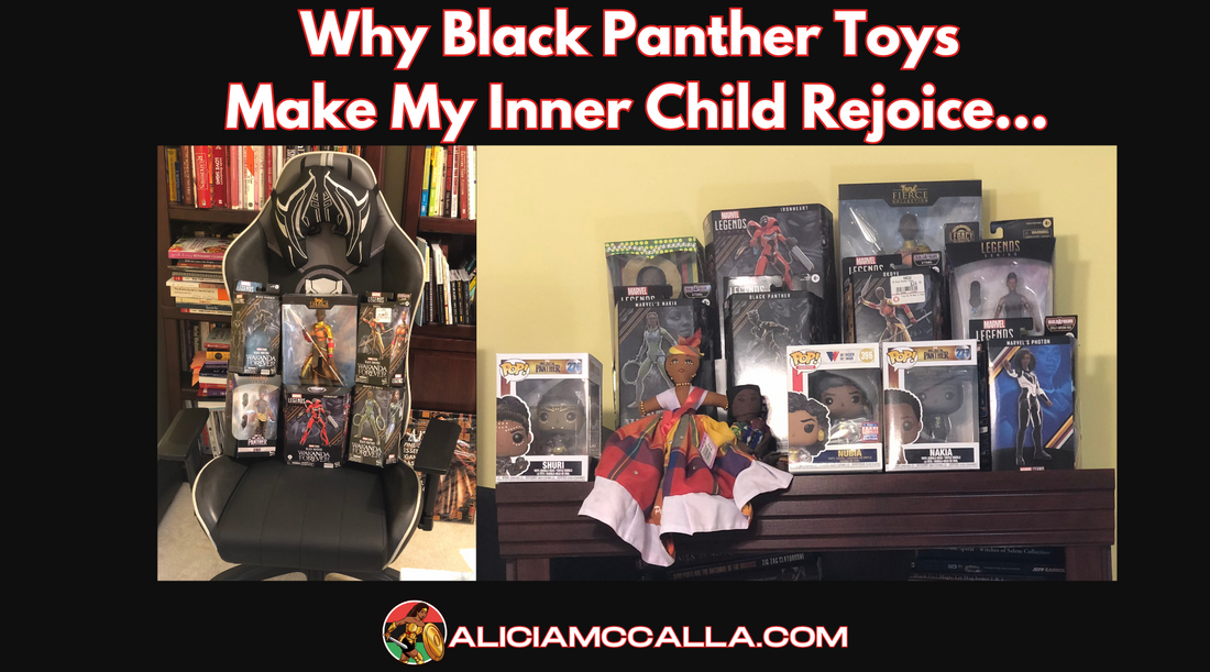 Black Panther, Shuri, Okoye, and Nakia action figures displayed on office shelf.