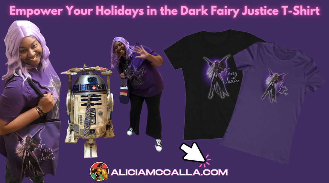 Author Alicia McCalla Wearing the Dark Fairy Justice Tee at Dragon Con for Black Nerds. Empower Your Holidays in the Dark Fairy Justice T-Shirt Perfect for Black Fae Day.