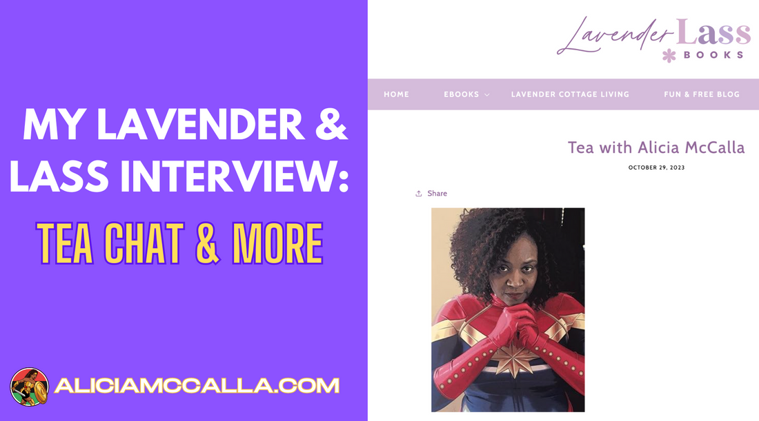 Author Alicia McCalla dressed as Captain Marvel on the Lavender & Lass Books Author Tea Interview Page