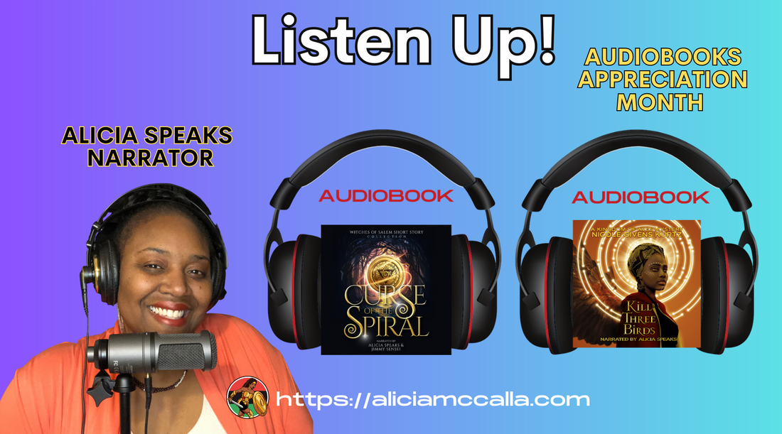 Author Alicia Mccalla with headphones as Alicia Speaks next to Curse of the Spiral and Kill Three Birds Audiobooks