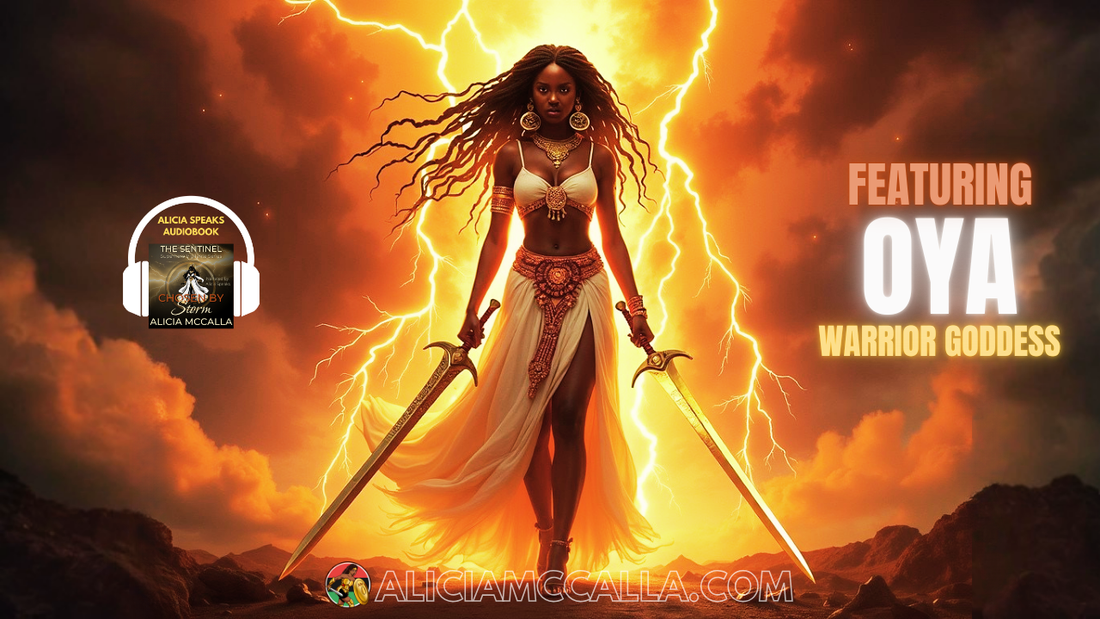 Oya Goddess Carrying Two Copper Swords in the Sentinel Superhero Vigilante Origin Story Audio Drama
