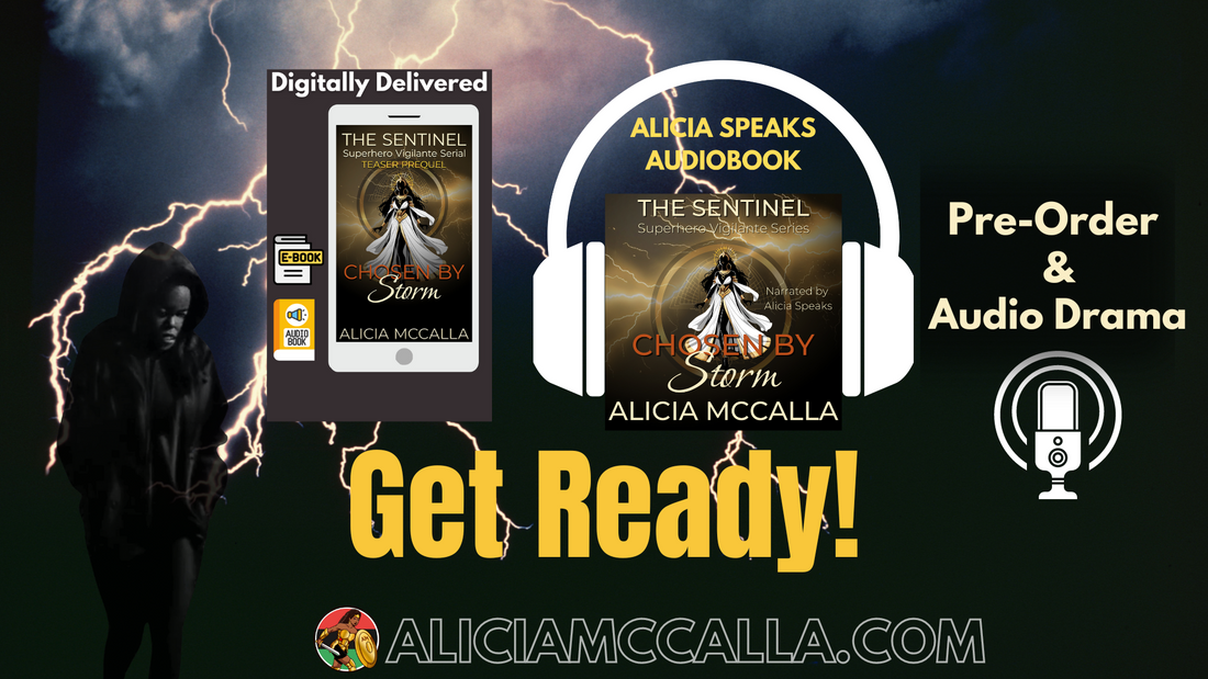 Young Tia Jackson walking in the rain next two eBook and Audiobook for Pre-order of the Sentinel Superhero Vigilante Serial and Audio Drama