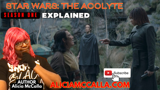 Author Alicia McCalla in front of Osha Choking Sol on Star Wars the Acolyte