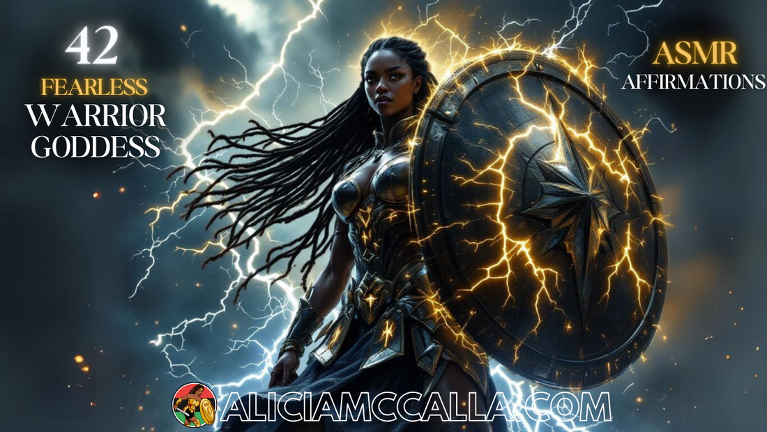 Powerful Black warrior goddess holding a shield, surrounded by lightning, symbolizing strength and fearlessness in the 42 Fearless Warrior Goddess Affirmations.
