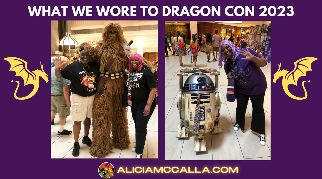 Alicia McCalla and Her Hubby Wearing Outfits next to Chewbacca and R2D2 at Dragon Con 2023