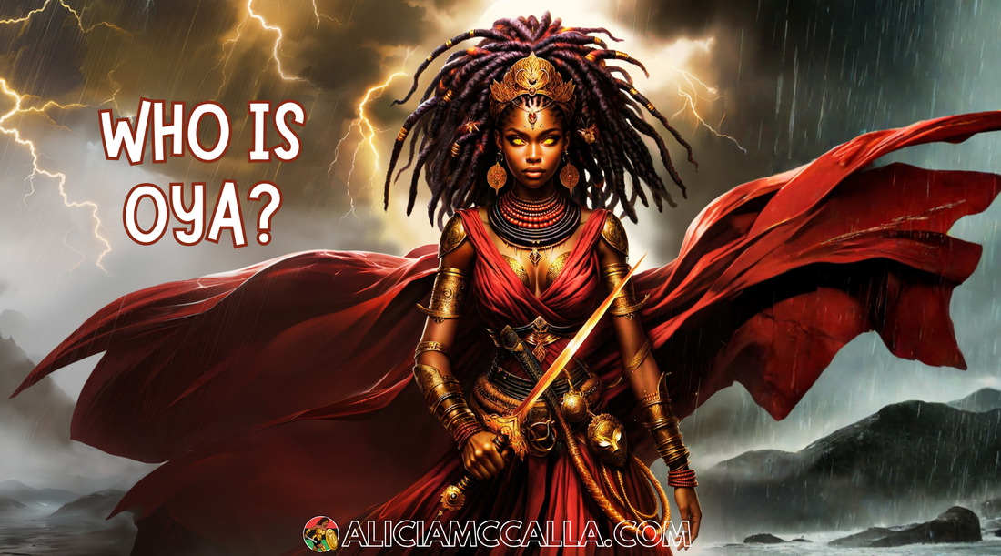 Oya, Yoruba storm goddess of transformation and the crossroads, surrounded by lightning and rain