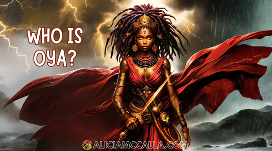 Oya, Yoruba storm goddess of transformation and the crossroads, surrounded by lightning and rain