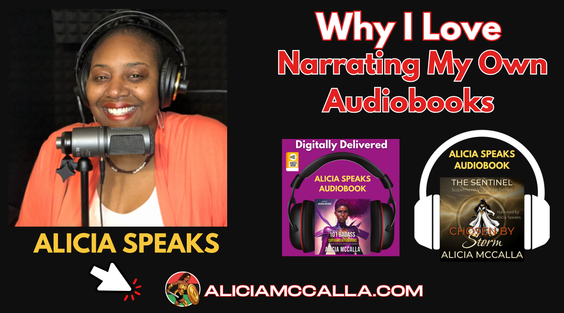 A smiling woman with curly hair, wearing a headset, recording an audiobook in a cozy home studio setting.