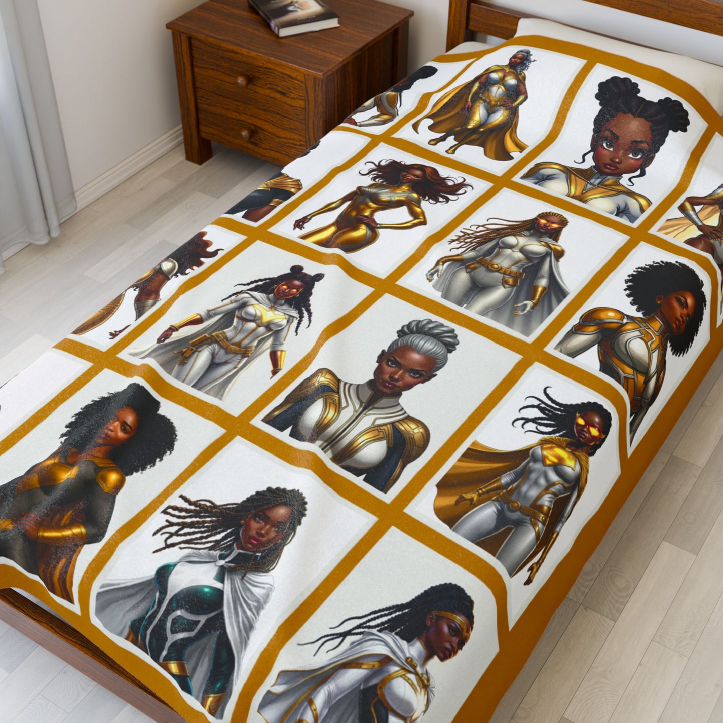 GOLD SUPERHEROES Reading Blanket | Lux Velveteen Throw for Bookish Gifts & Black Women Empowerment
