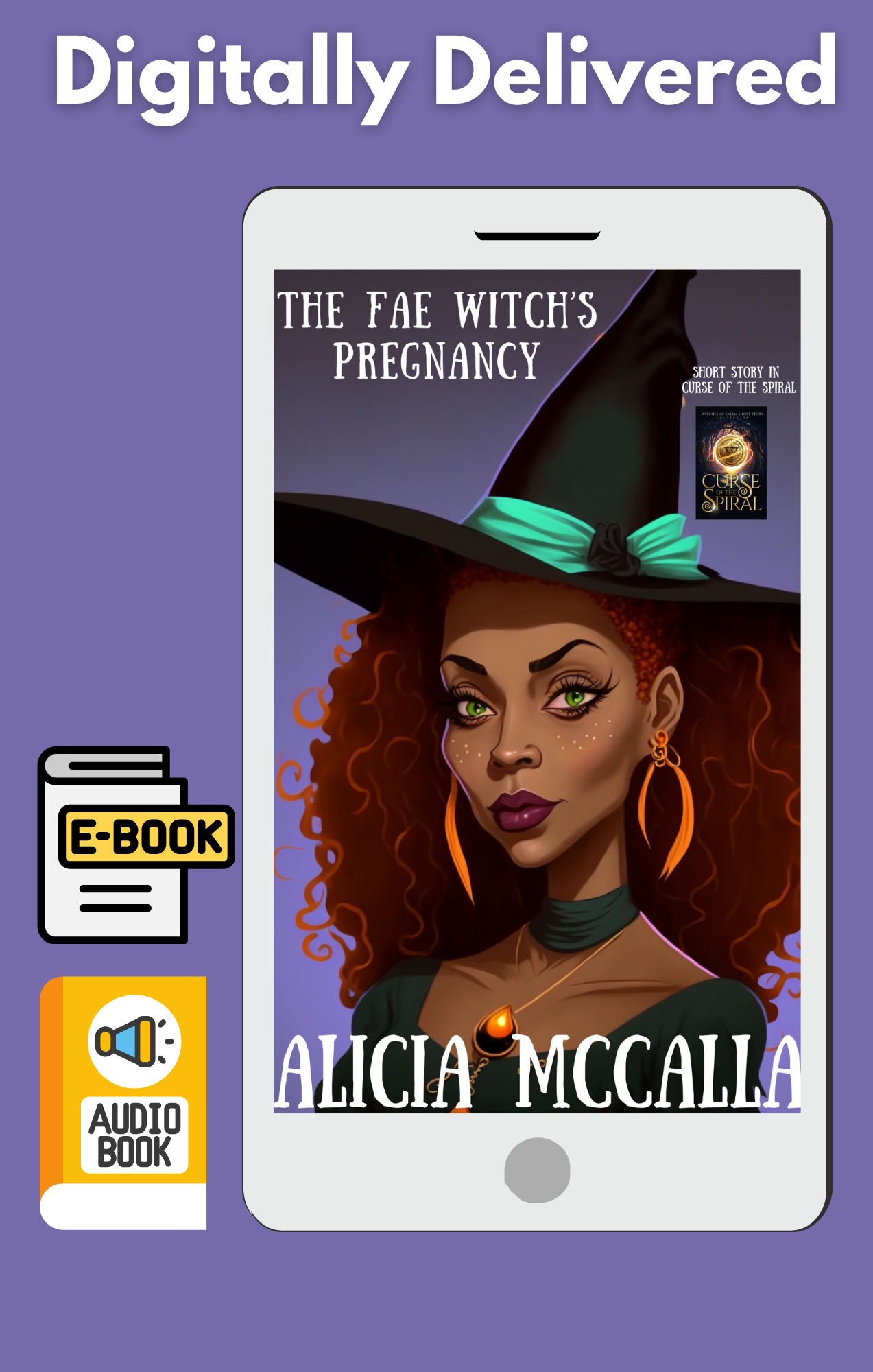 An African American Witch wearing a witch's hat. She has red hair and green eyes. Fae Witch Pregnancy.