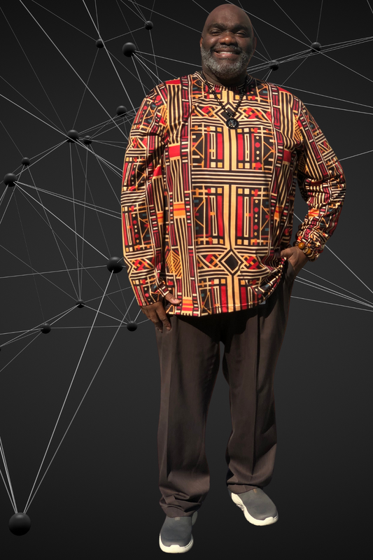 Black Male wearing Afrofuturism Kente Design in Earth tones