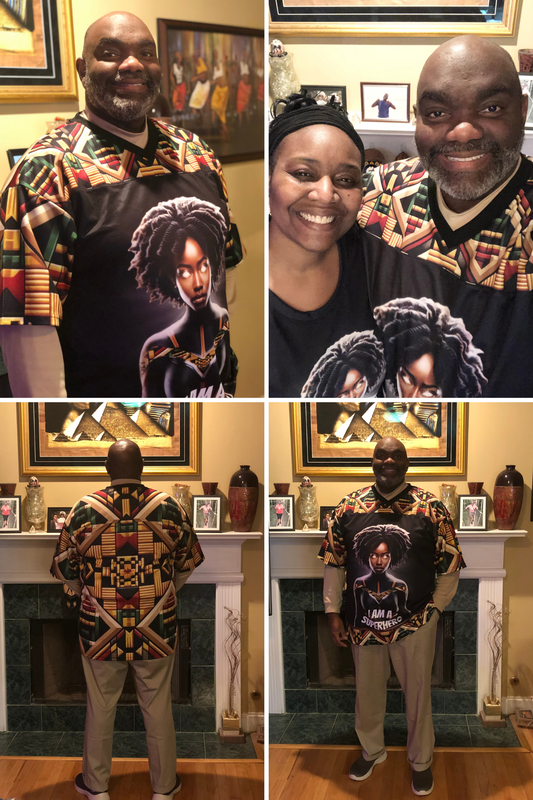 Collage featuring a African American Couple wearing a Kente Superhero Design highlighting Afrofuturism