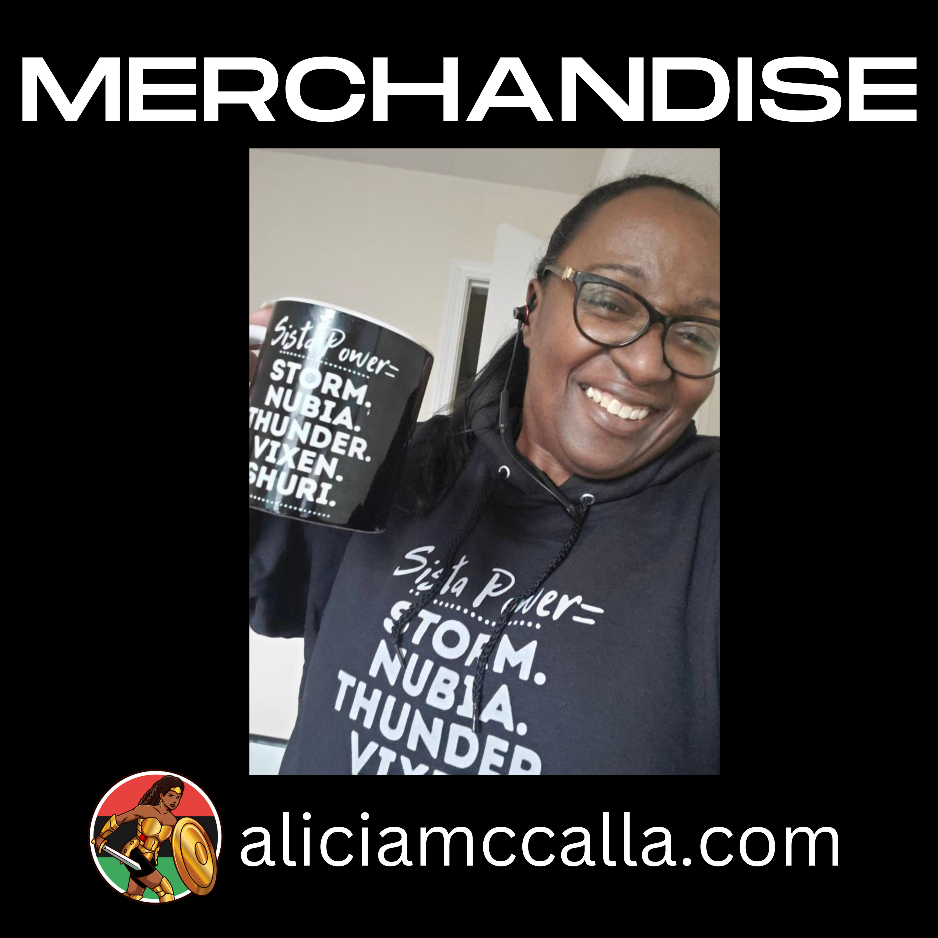 Black woman holding a cup and wearing a t-shirt highlighting strong black women superheros Storm Nubia Thunder Vixen Shuri