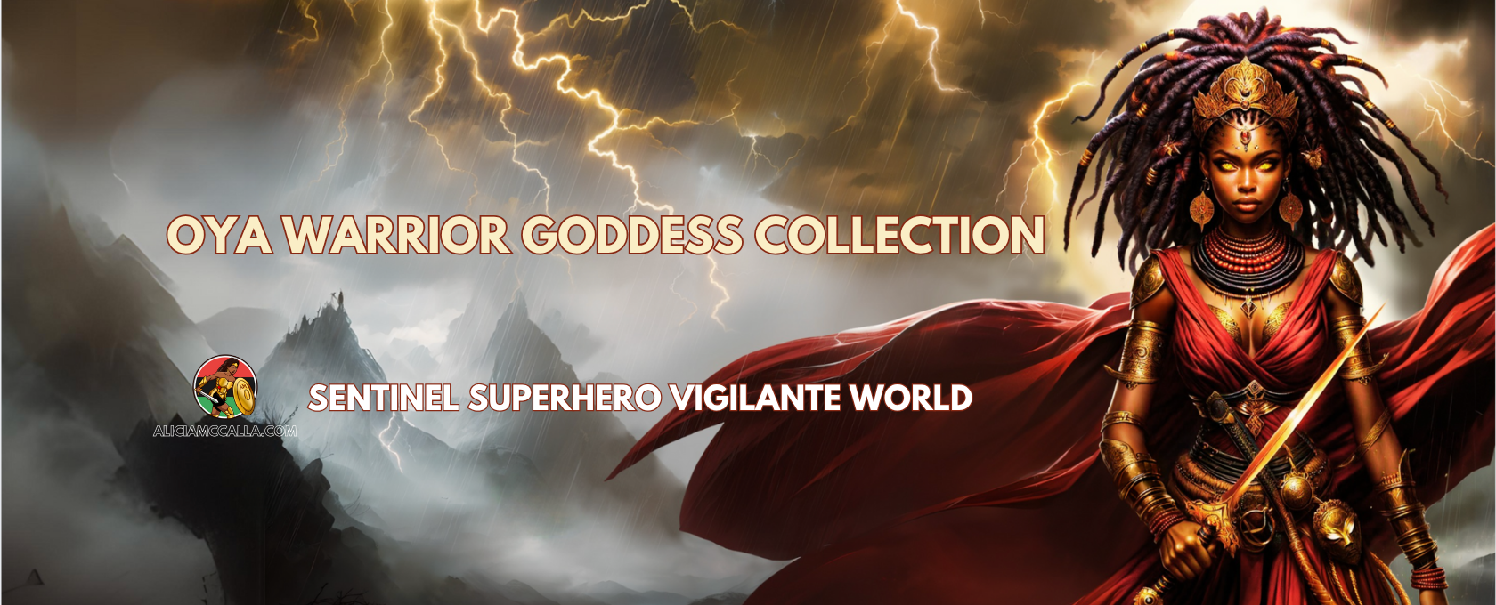 Oya Warrior Goddess Collection with a warrior figure holding a sword against a stormy background.
