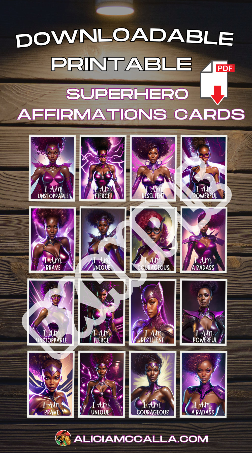 Downloadable Printable Superhero Affirmations Cards Features Black Women